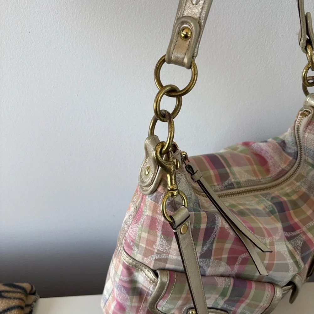 SOLD Coach Poppy Pink Pastel Plaid Shoulder Bag with Gold Hardware - Picture 6 of 11